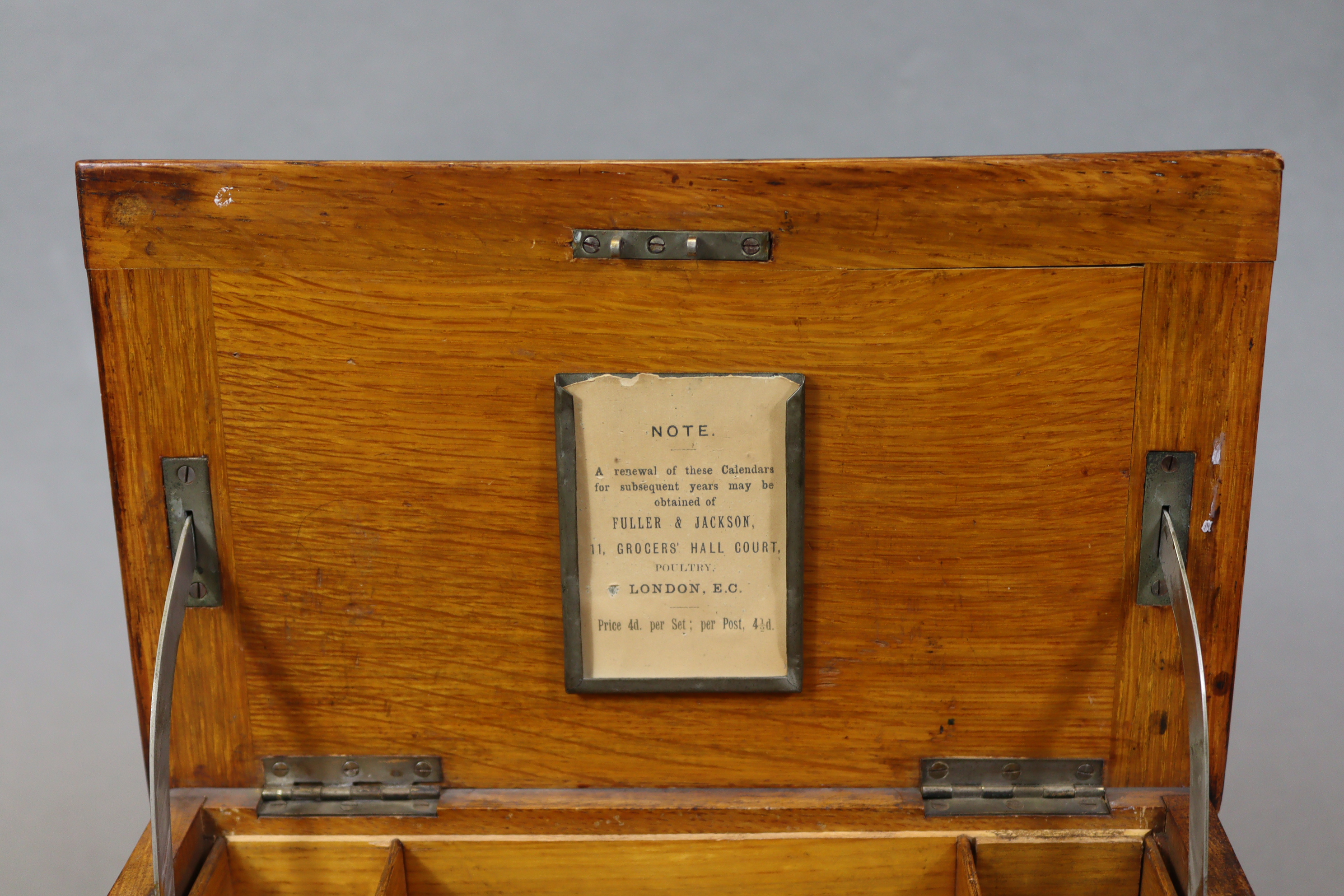 A late Victorian oak & brass mounted stationery cabinet of rectangular form, the lift-lid - Image 4 of 7