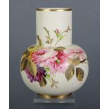 A Royal Worcester vase of squat round form with tall cylindrical neck, painted with a bouquet of