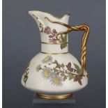 A Royal Worcester squat round ewer of blush ivory ground, decorated with floral sprays, the gilt