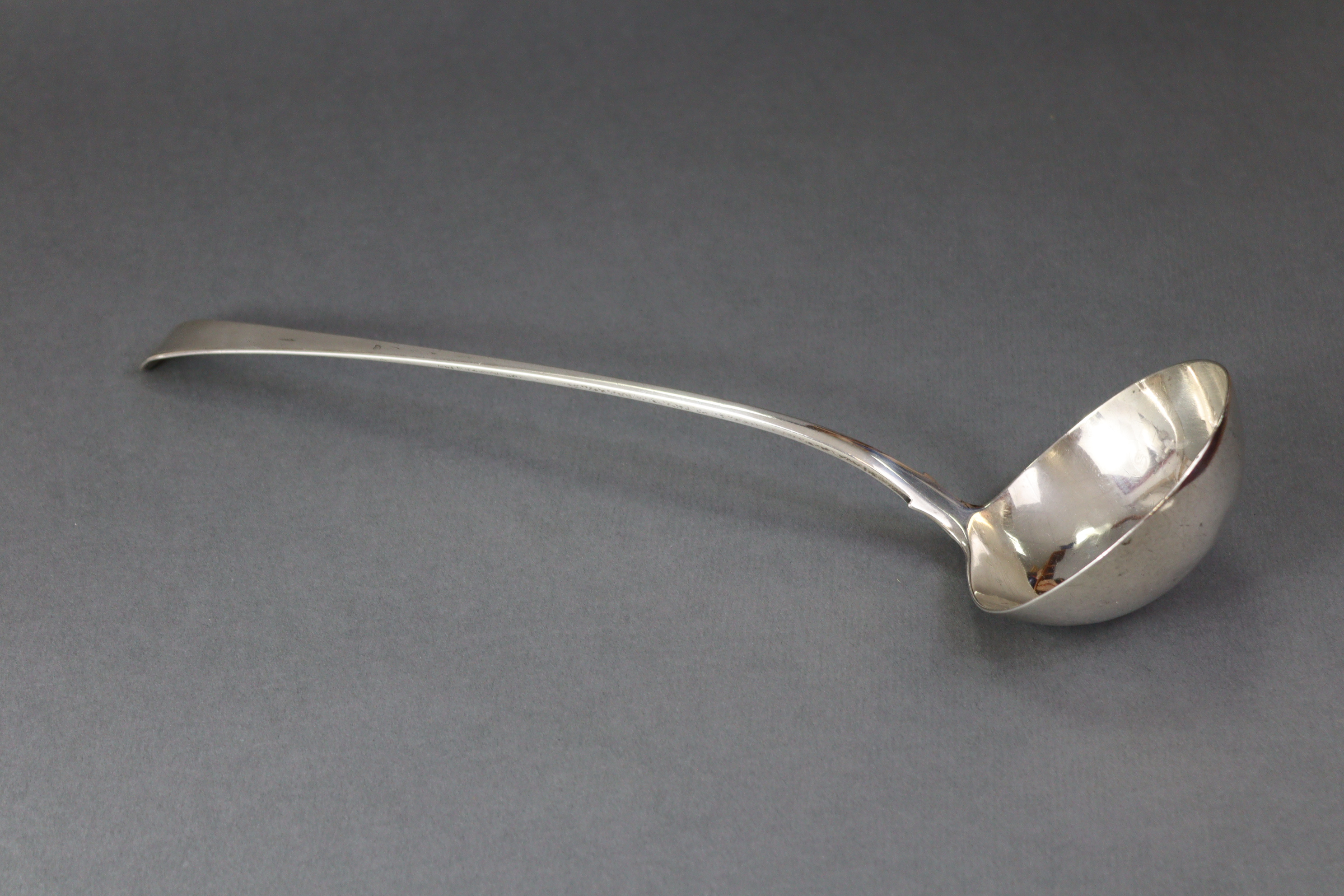 A George III silver Old English pattern soup ladle with plain round bowl, 13¼” long; London 1769, by - Image 2 of 8