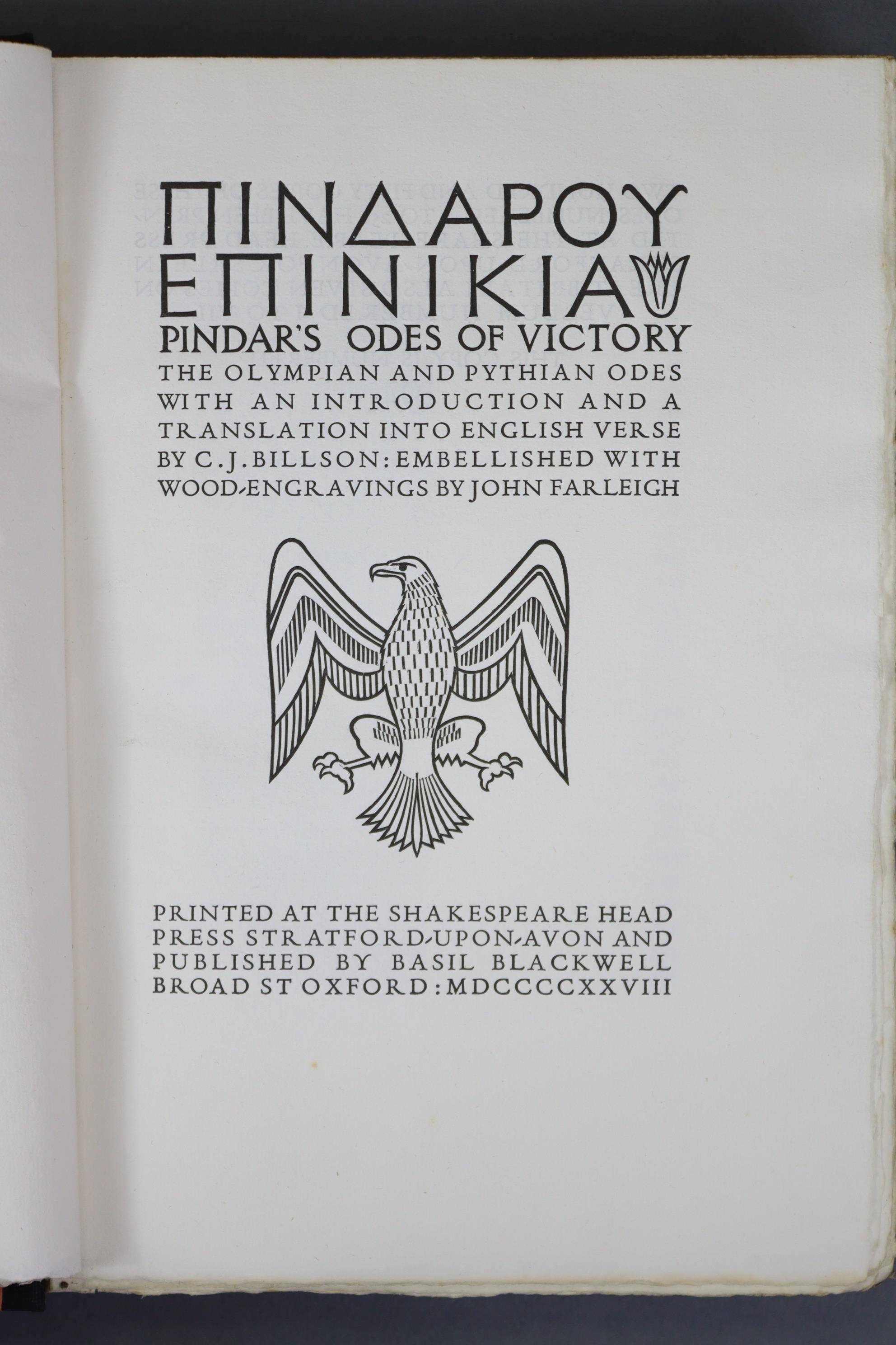 SHAKESPEARE HEAD PRESS: PINDAR: “Odes of Victory”; 2 vols. wood engravings by John Farleigh, vol - Image 10 of 19