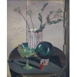 ISOBEL POWYS (British, 20th century). Still life study of a vase of flowers, books, etc., on a table