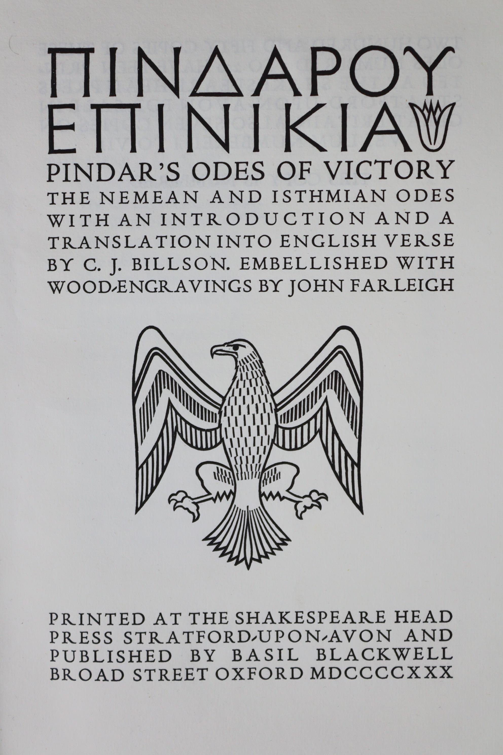SHAKESPEARE HEAD PRESS: PINDAR: “Odes of Victory”; 2 vols. wood engravings by John Farleigh, vol - Image 3 of 19