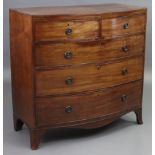 A regency mahogany bow-front chest, fitted two short & three long graduated drawers with brass
