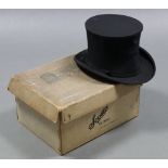 A Scotts of London black opera hat, in cardboard box. (no size indicated, but measures 8" x 6.5").