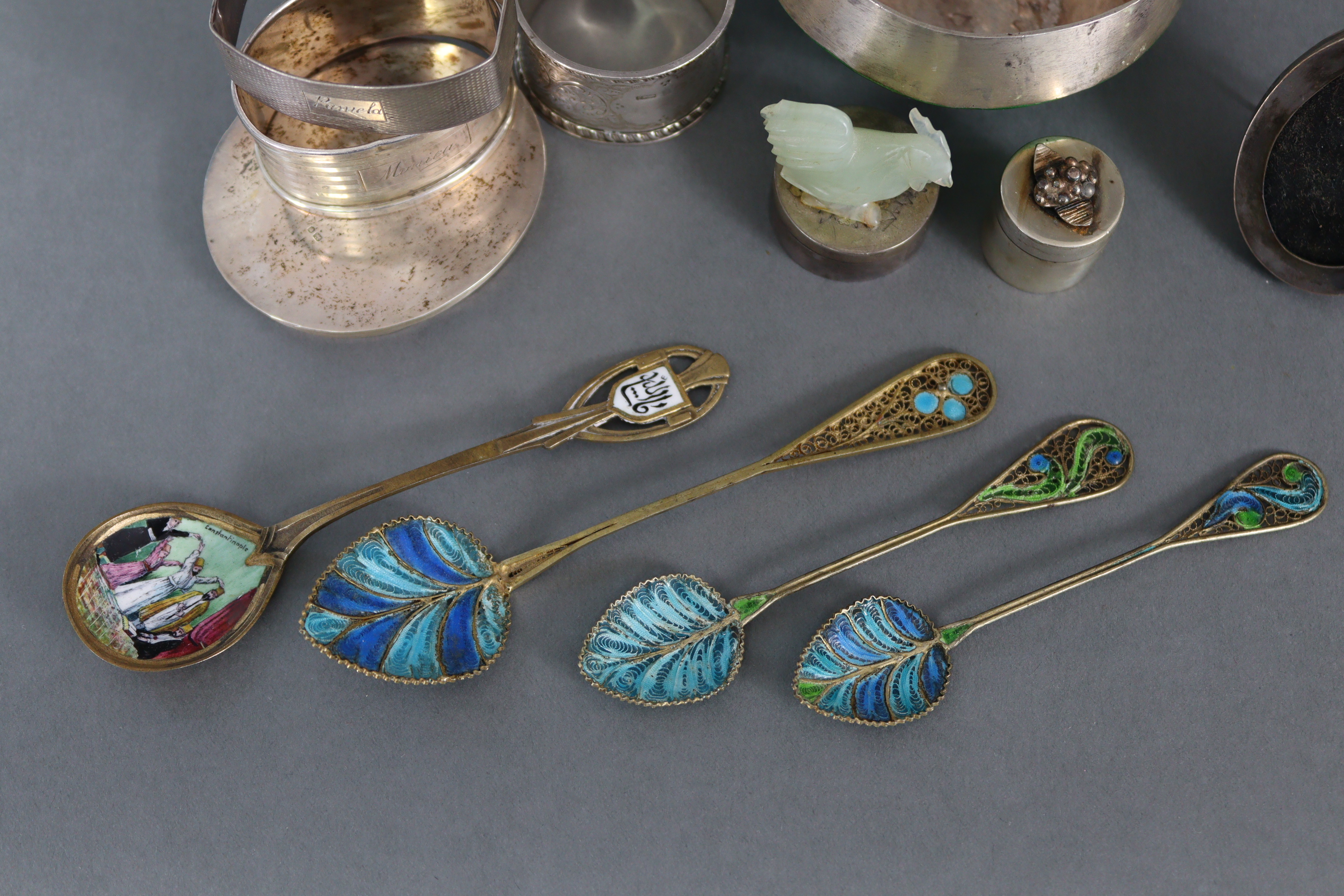 Four eastern enamelled teaspoons; a white metal & green enamelled bowl, 3” diam.; a small silver - Image 2 of 9