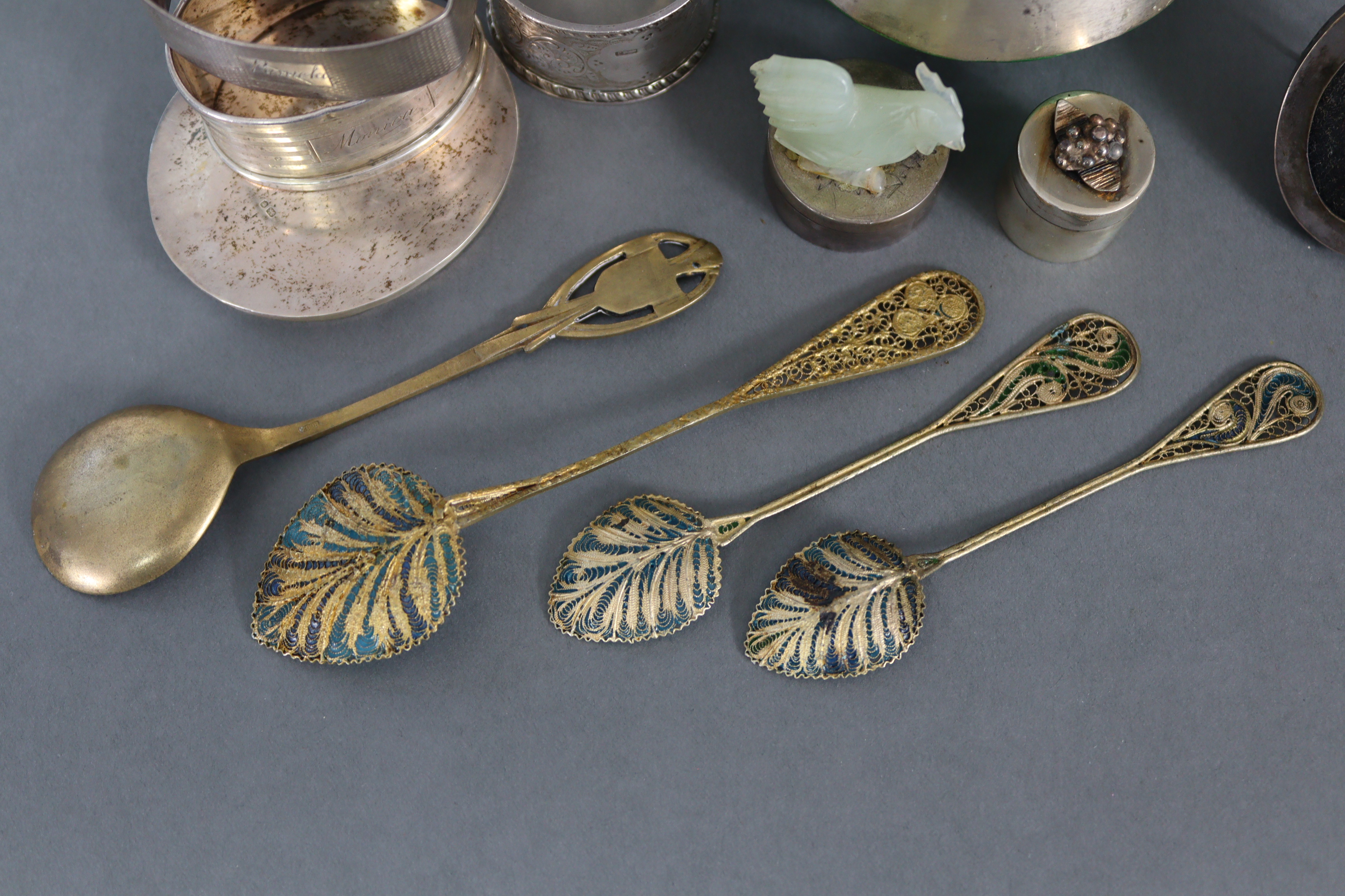 Four eastern enamelled teaspoons; a white metal & green enamelled bowl, 3” diam.; a small silver - Image 3 of 9