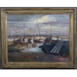 PHILIP HEMSLEY (British, 20th century). “Boats At Low Tide”. Signed lower right; oil on board: