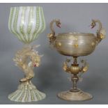 A Venetian glass large goblet, the ogee bowl & conical foot decorated with vertical white gauze