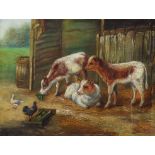 ENGLISH SCHOOL, 19th century. A naïve study of calves & chickens in a bard. Oil on panel; 6½” x