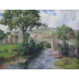 REV. ARTHUR BATEMAN (1883-1970). A river landscape with stone bridge to the fore, buildings