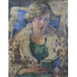 GERTRUDE MARY POWYS (1877-1952). A half-length portrait of Isobel Powys reading a book. Inscribed