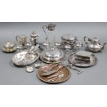 A collection of silver-plated items including: a chafing dish, a Georgian-style teapot, a cocktail