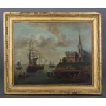 DUTCH SCHOOL, 18th/19th century. A harbour scene with numerous sailing vessels & figures. Oil on