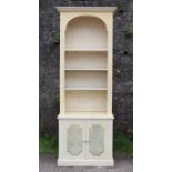 A white & grey painted marble-effect wooden tall bookcase, the upper part with moulded cornice &