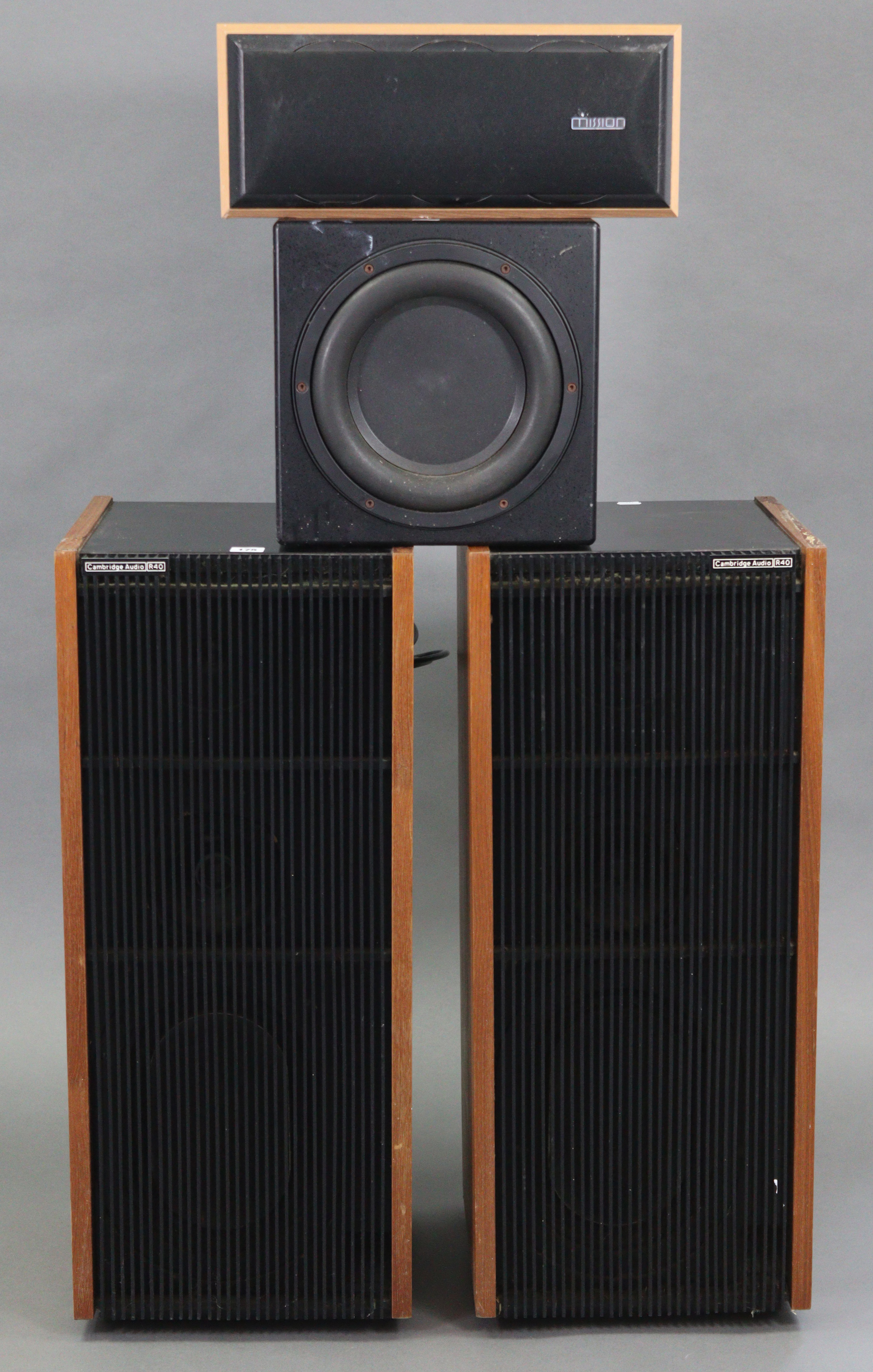 A pair of Cambridge Audio R40 hi/fi speakers; a Rel “Q200E” hi/fi speaker; & a Mission hi/fi