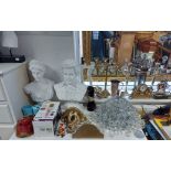 Three composition busts; a table lamp with shade; various items of metalware; & sundry other items.