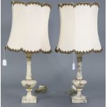 A pair of alabaster table lamps with shades, 29¾” high.