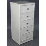 A white painted wood & woven-cane five-drawer upright chest, 19¾” wide x 43½” high x 18” deep.