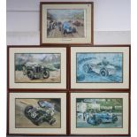 Five various coloured prints of vintage motor cars; & three coloured prints of racing boats, each in