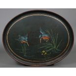 A 19th century tôle ware large oval tray with painted polychrome decoration of kingfishers