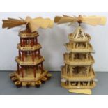 Two similar hand-made wooden candle-powered German Christmas carousel windmills, both 27” high, (one