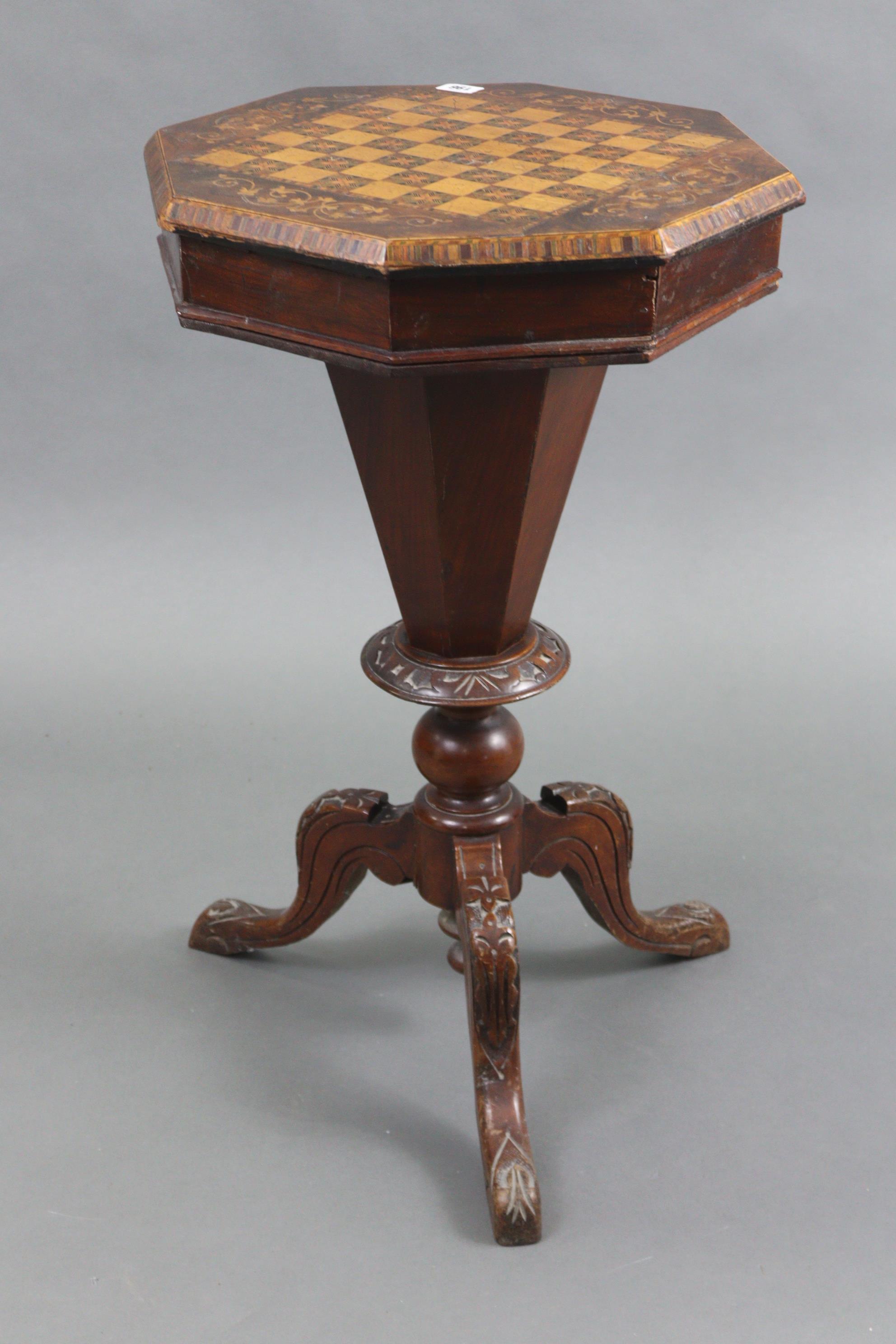 A Victorian marquetry-inlaid mahogany sewing table, inset chessboard to the octagonal hinged - Image 7 of 8