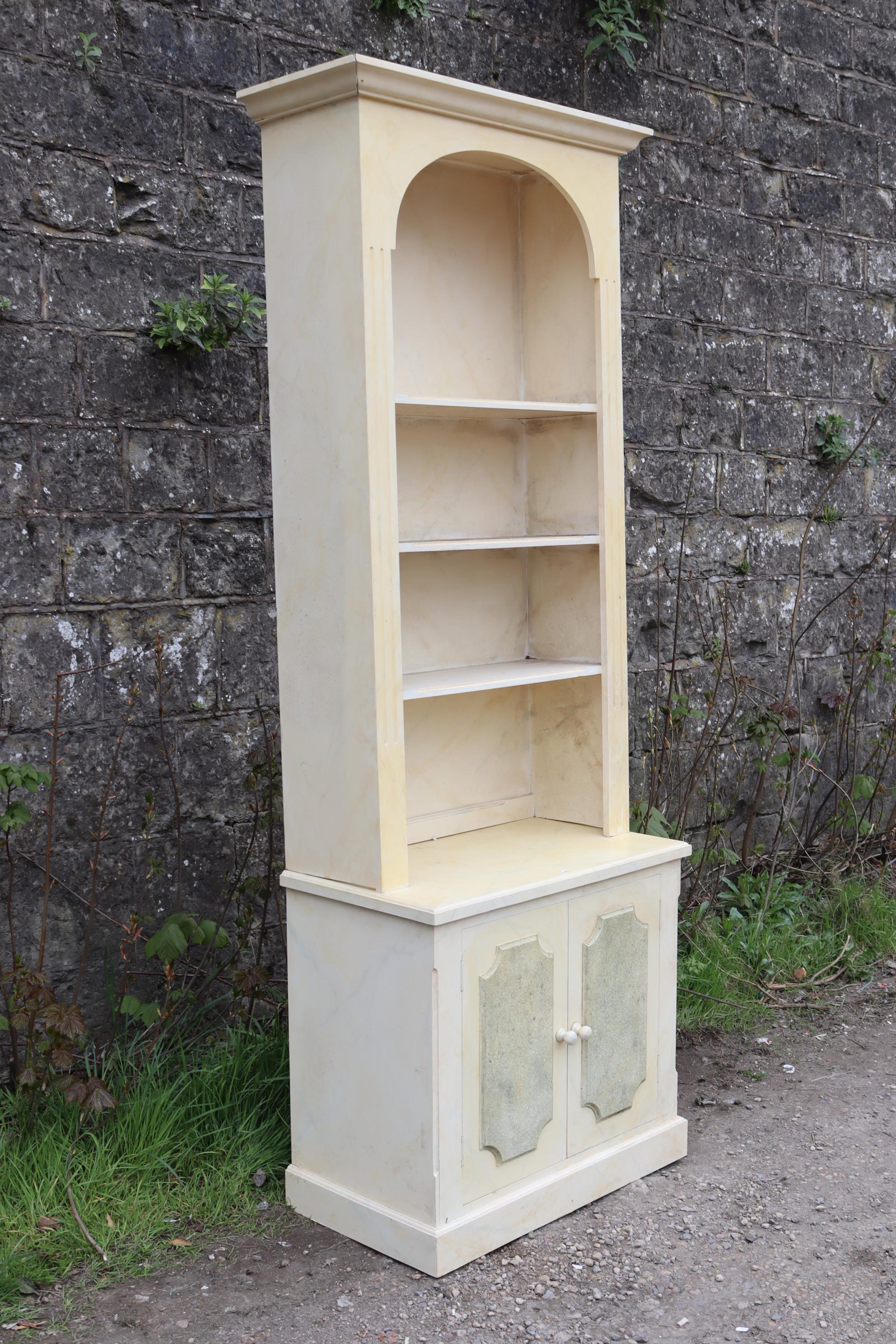 A pair of white & grey painted marble-effect wooden tall bookcases, the upper part with moulded - Image 3 of 11