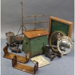 Two wooden adjustable book-troughs; two small wall mirrors; a shoe-shine box; & sundry other items.