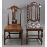 A Carolean-style carved oak hall chair with padded drop-in-seat, & on carved & turned legs with