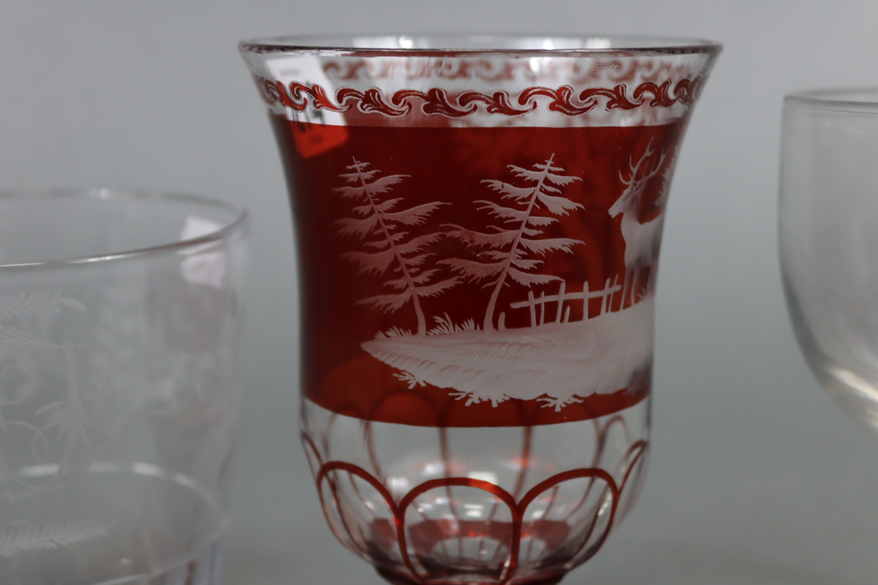 A ruby tinted & clear-glass vase with etched stag decoration, 16¼” high; a large glass tumbler - Image 4 of 14