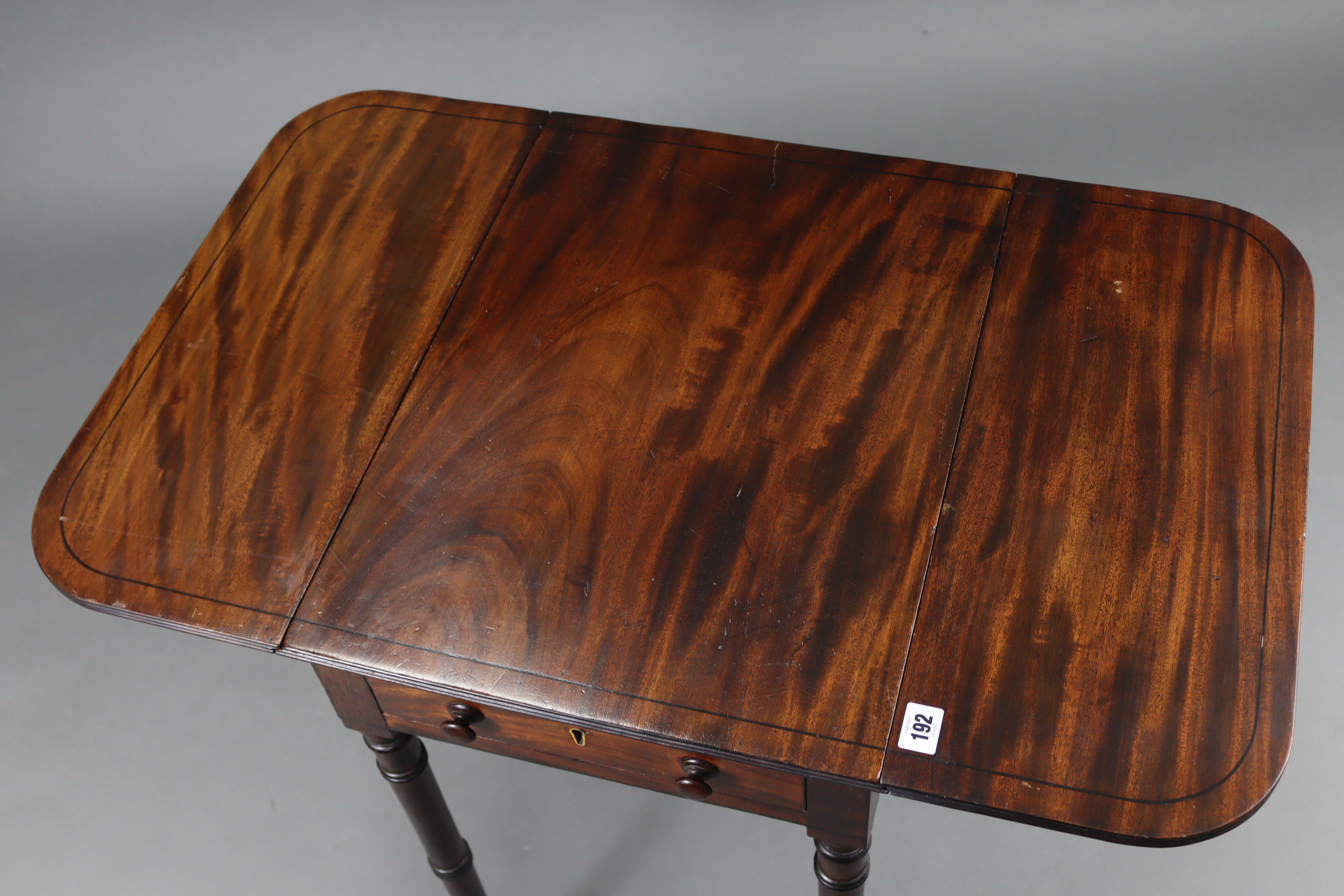 A 19th century inlaid-mahogany rectangular drop-leaf work table, on ring-turned legs with brass - Image 4 of 8