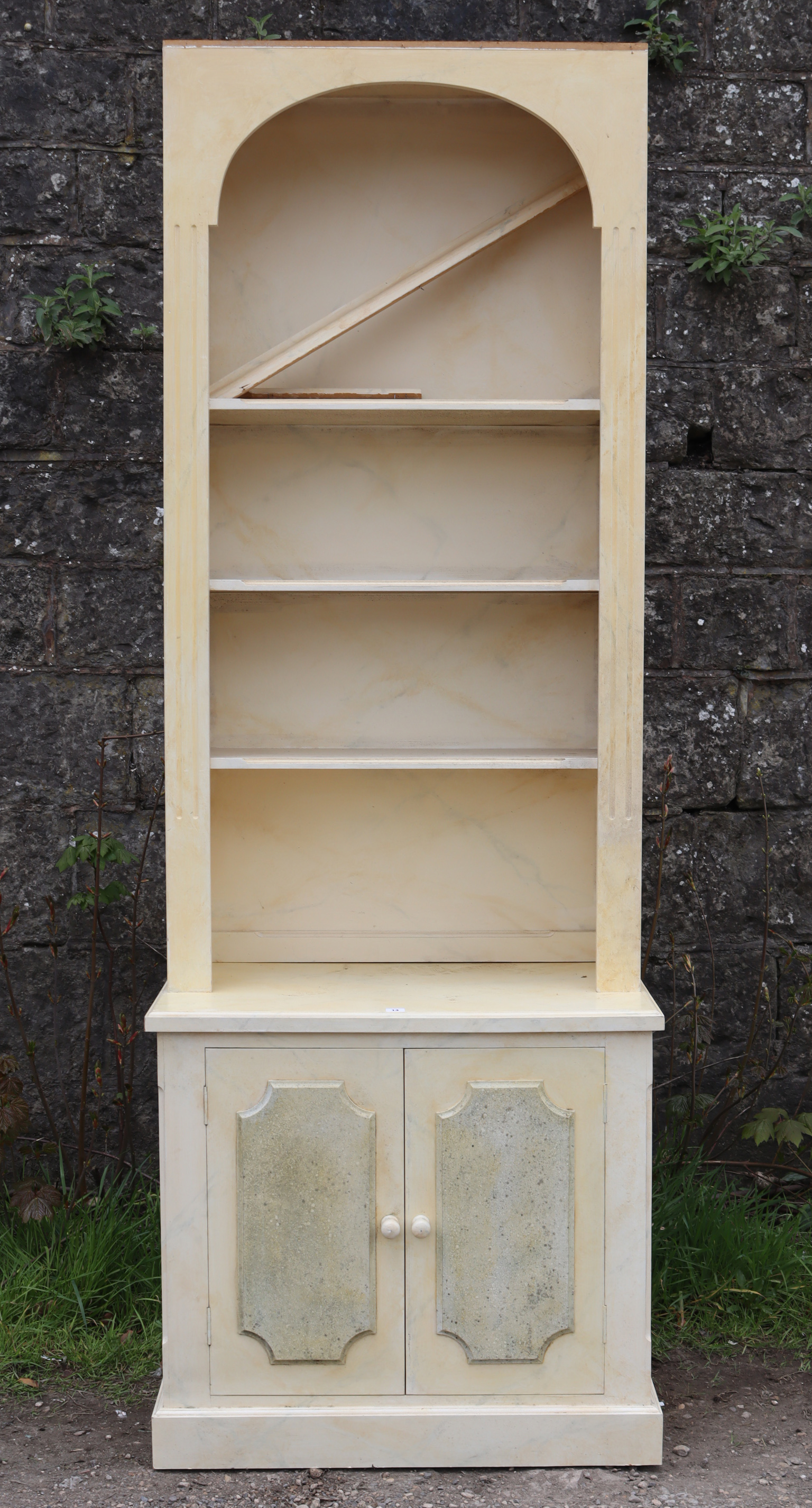 A pair of white & grey painted marble-effect wooden tall bookcases, the upper part with moulded - Image 2 of 11