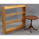 A pine four-tier standing open bookcase, 36” wide x 36” high; & a mahogany wine table.