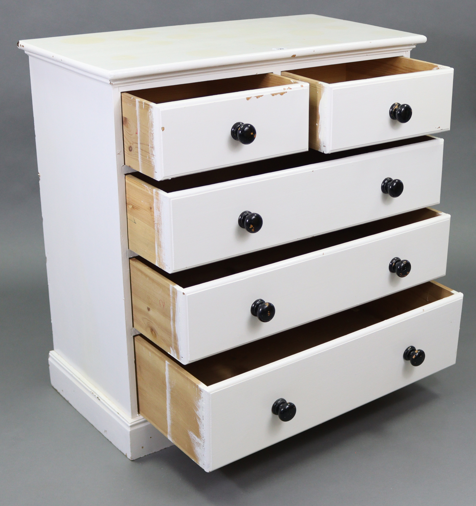 A white painted pine chest fitted two short & three long graduated drawers with turned knob handles, - Image 2 of 4