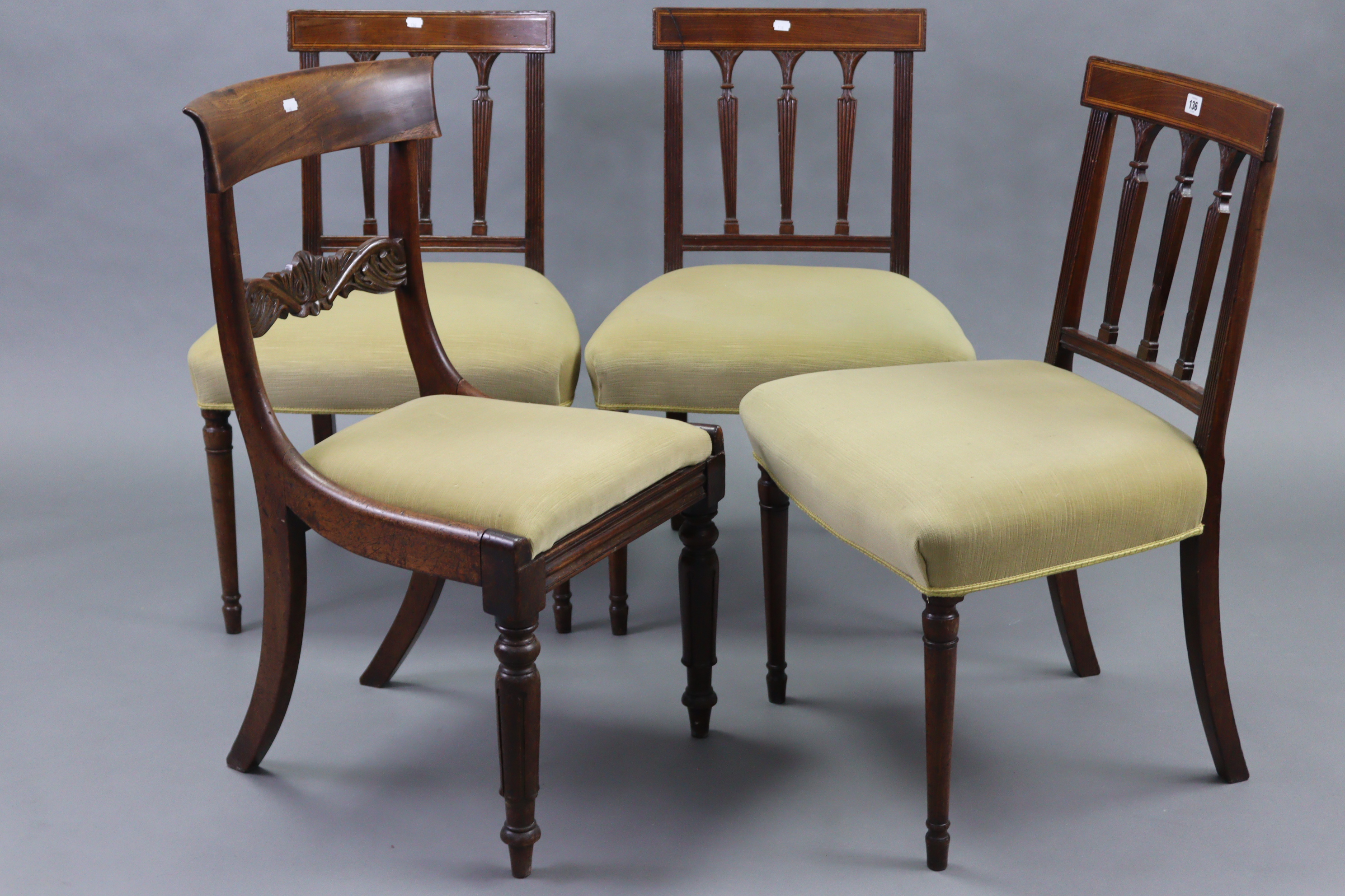 A set of three early 19th century inlaid-mahogany bow-back dining chairs with padded seats, & on - Image 2 of 2