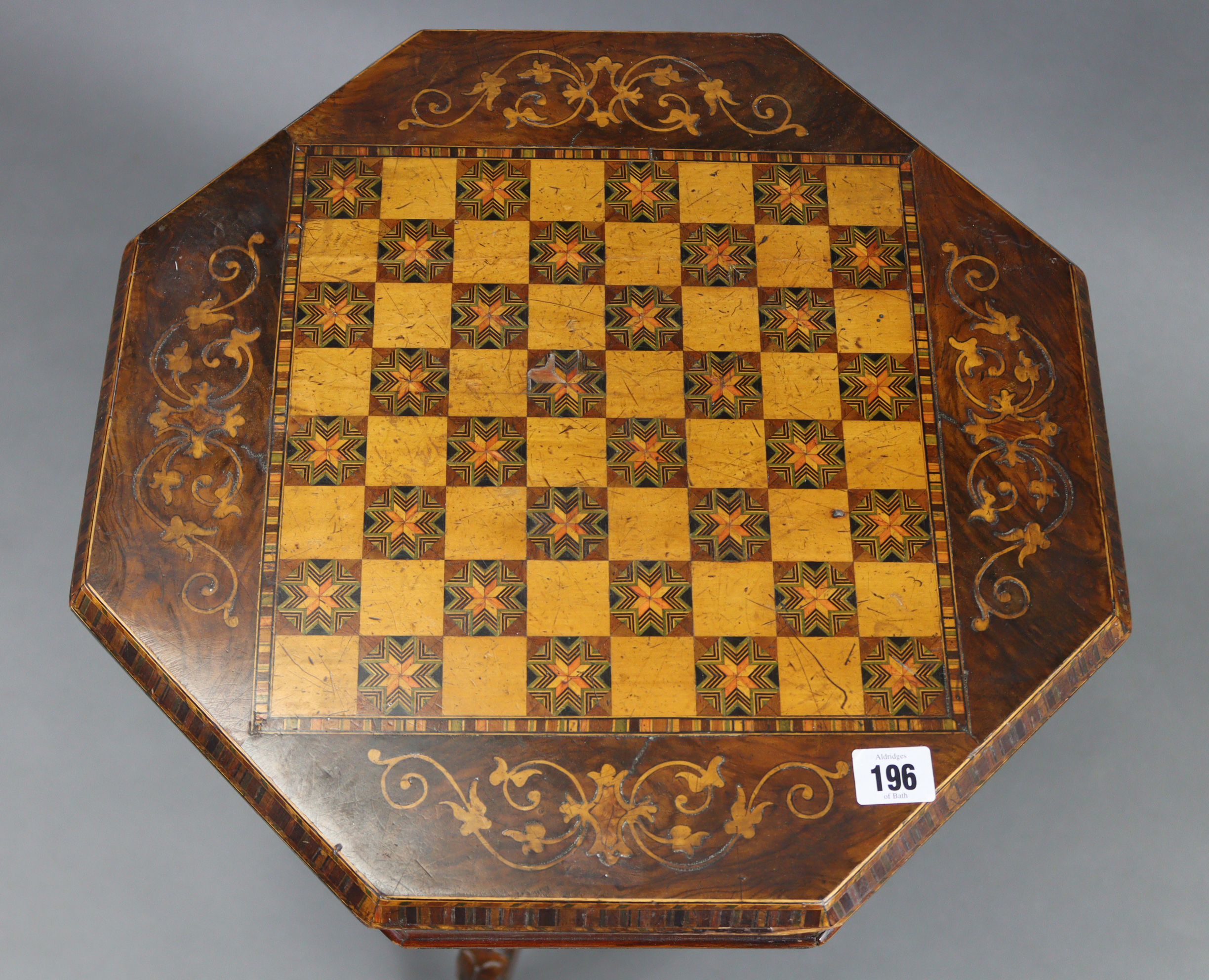 A Victorian marquetry-inlaid mahogany sewing table, inset chessboard to the octagonal hinged - Image 2 of 8