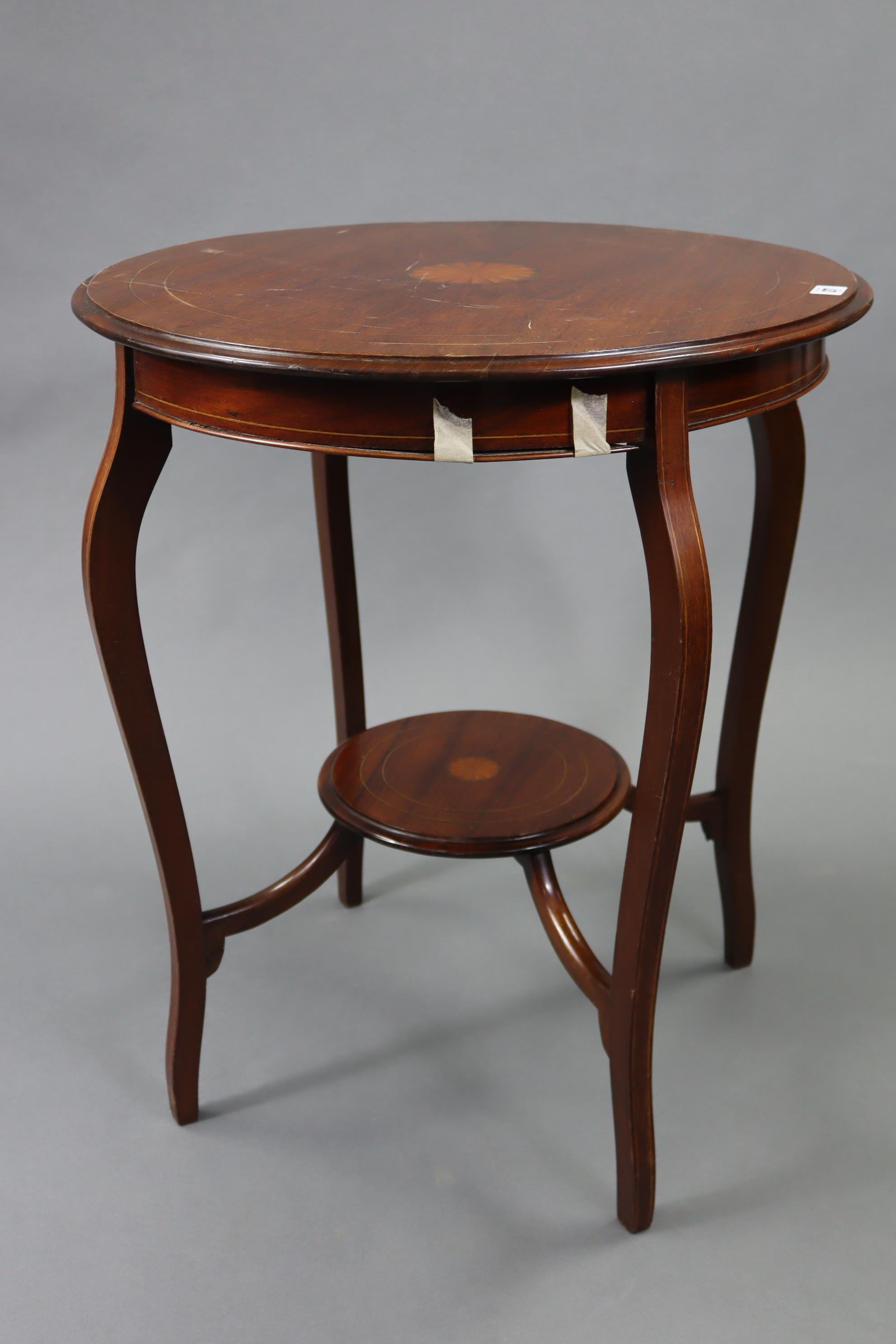 An Edwardian inlaid-mahogany circular two-tier occasional table on four slender cabriole legs, 24” - Image 3 of 9