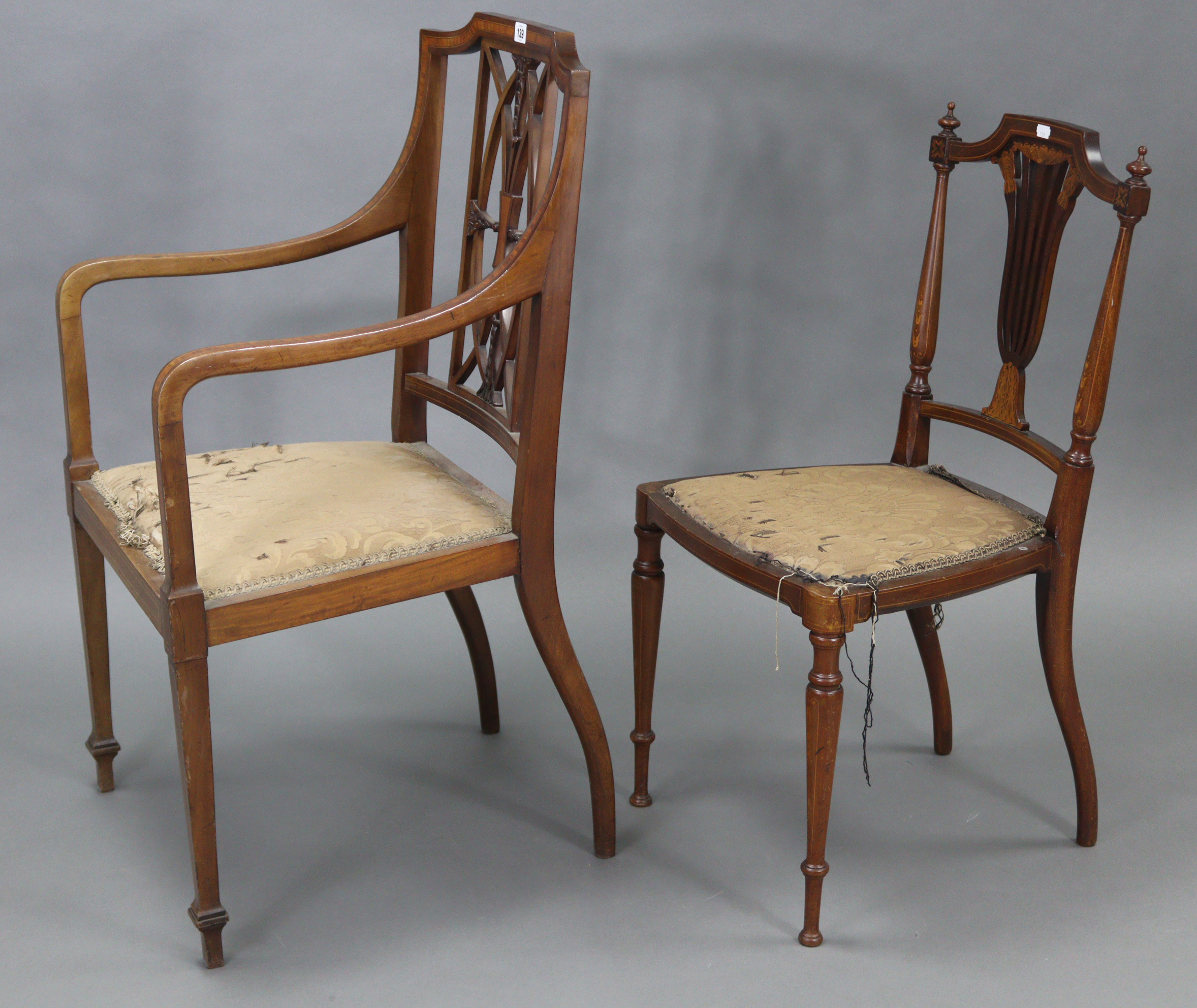 An Edwardian inlaid-mahogany elbow chair with pierced lattice back, padded seat, & on square tapered - Image 4 of 4