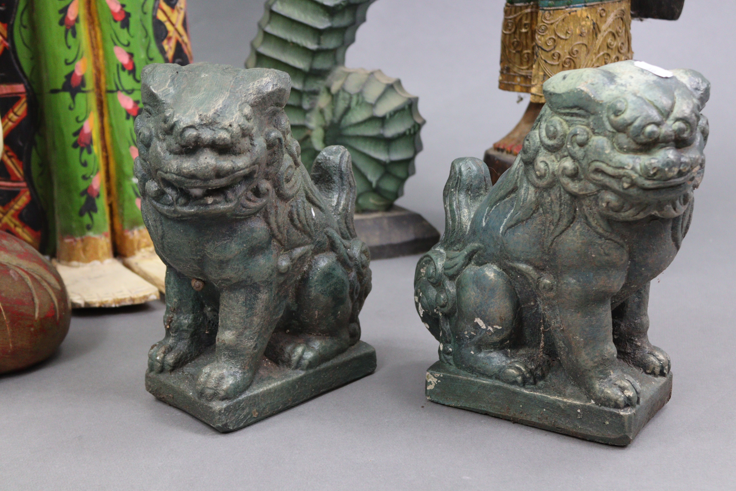 A painted & carved wooden Buddha ornament, 22” high; a pair of temple-dog ornaments, 10” high; & - Image 3 of 5