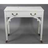 A light grey painted wooden side table fitted frieze drawer, & on four square tapered legs with