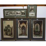 Nine various etchings after Sharland, displayed in five glazed frames.