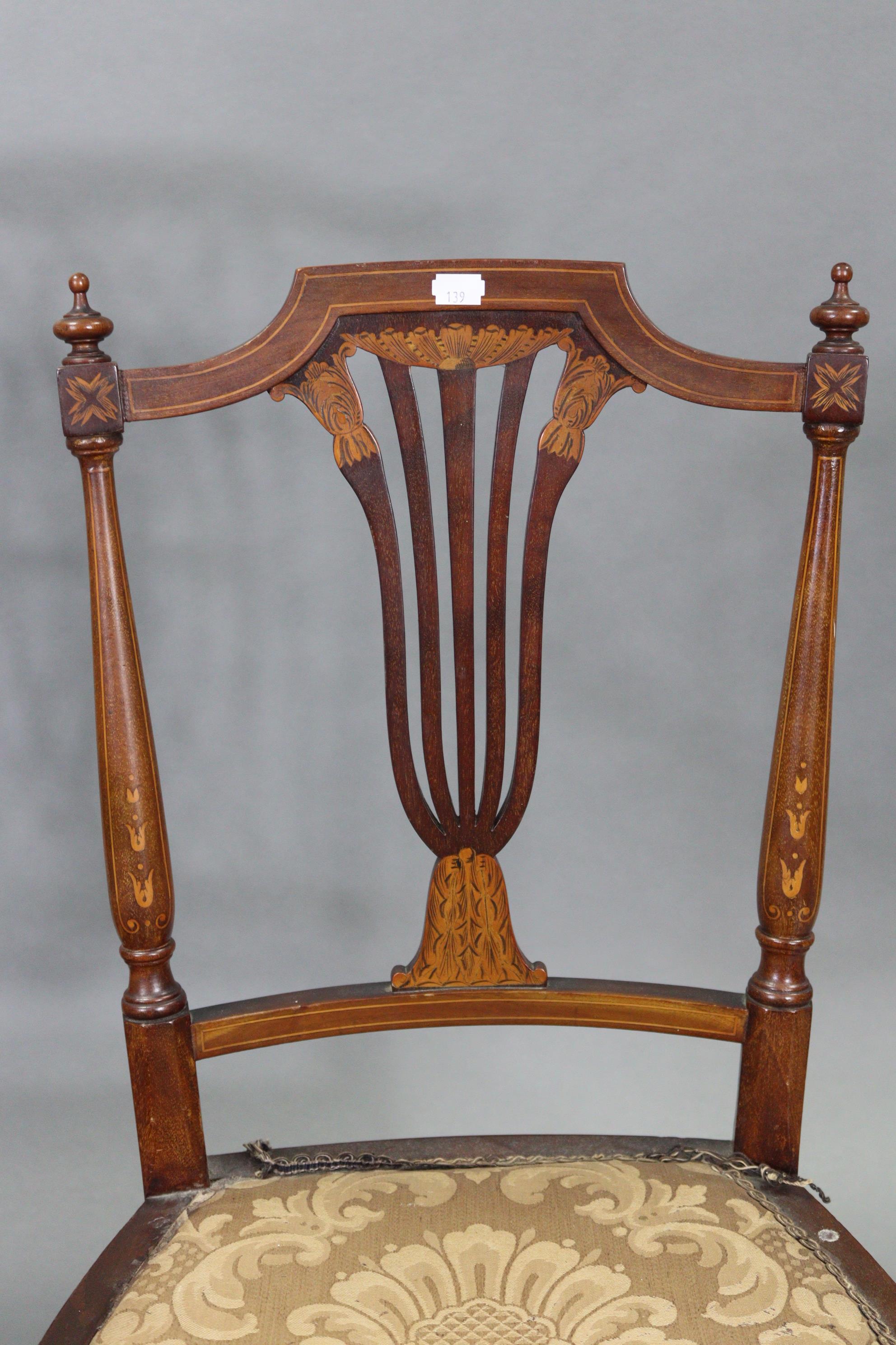 An Edwardian inlaid-mahogany elbow chair with pierced lattice back, padded seat, & on square tapered - Image 3 of 4