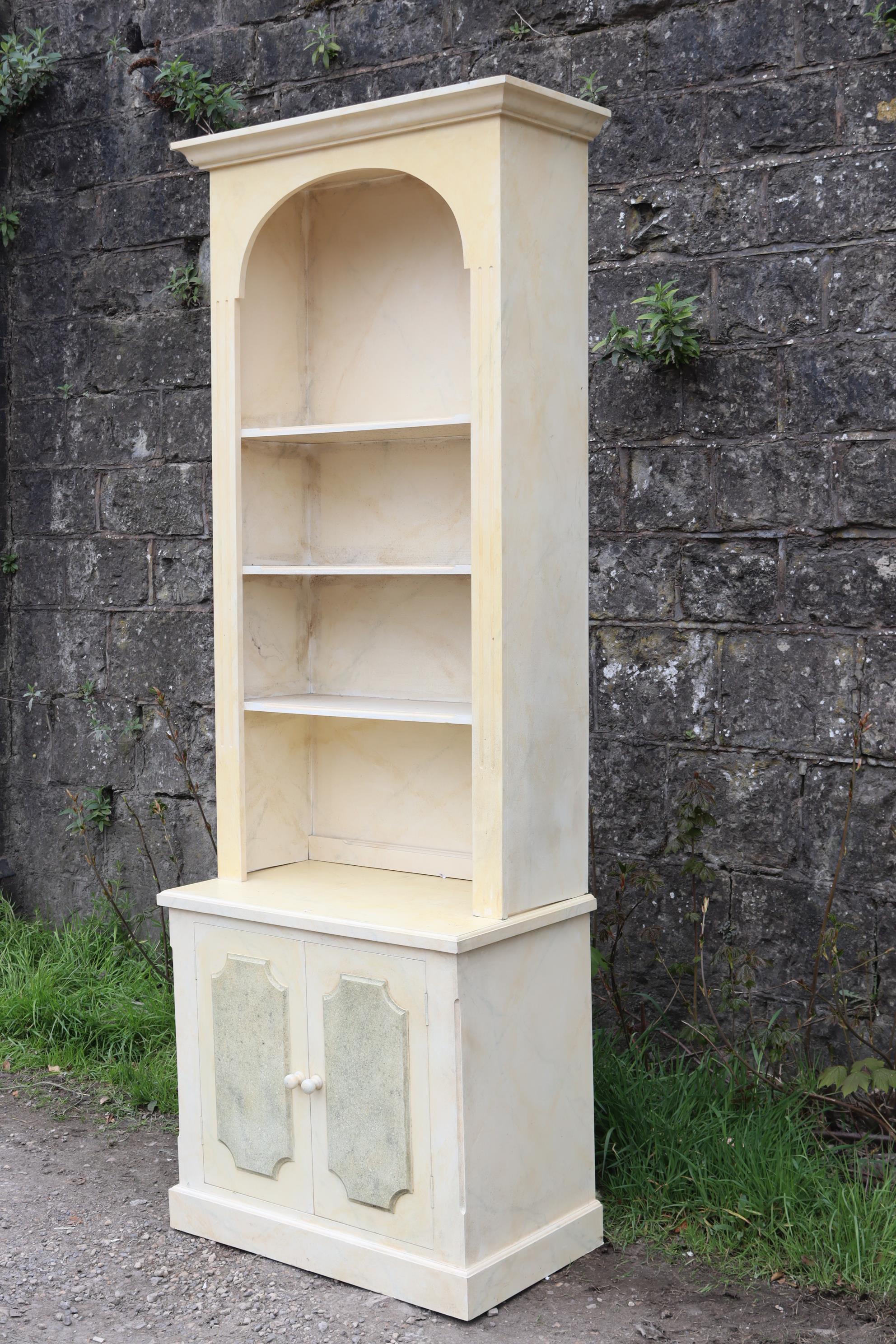 A pair of white & grey painted marble-effect wooden tall bookcases, the upper part with moulded - Image 6 of 11