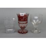 A ruby tinted & clear-glass vase with etched stag decoration, 16¼” high; a large glass tumbler