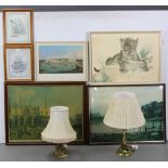 Various decorative pictures; & two brass table lamps.