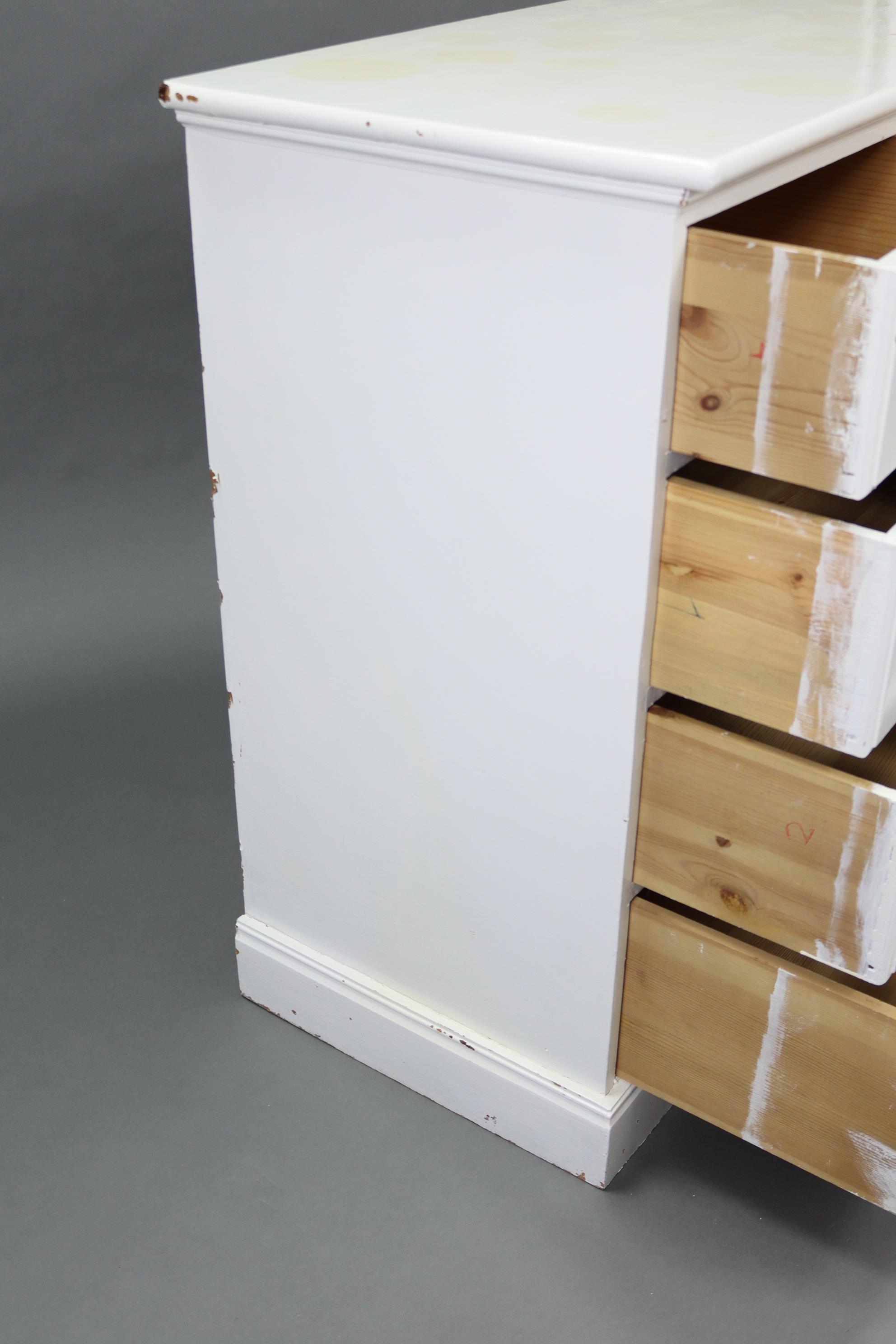 A white painted pine chest fitted two short & three long graduated drawers with turned knob handles, - Image 3 of 4