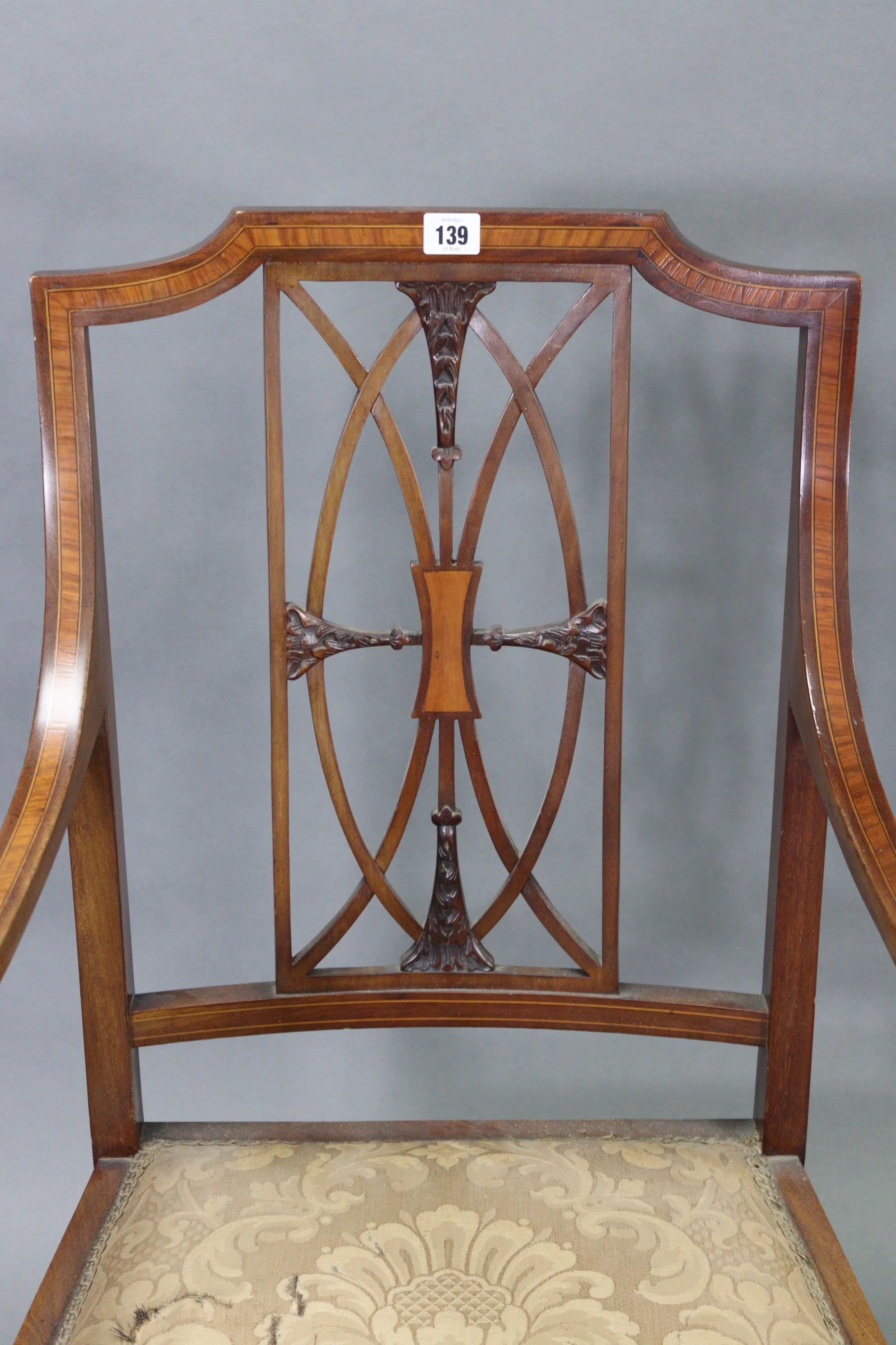 An Edwardian inlaid-mahogany elbow chair with pierced lattice back, padded seat, & on square tapered - Image 2 of 4