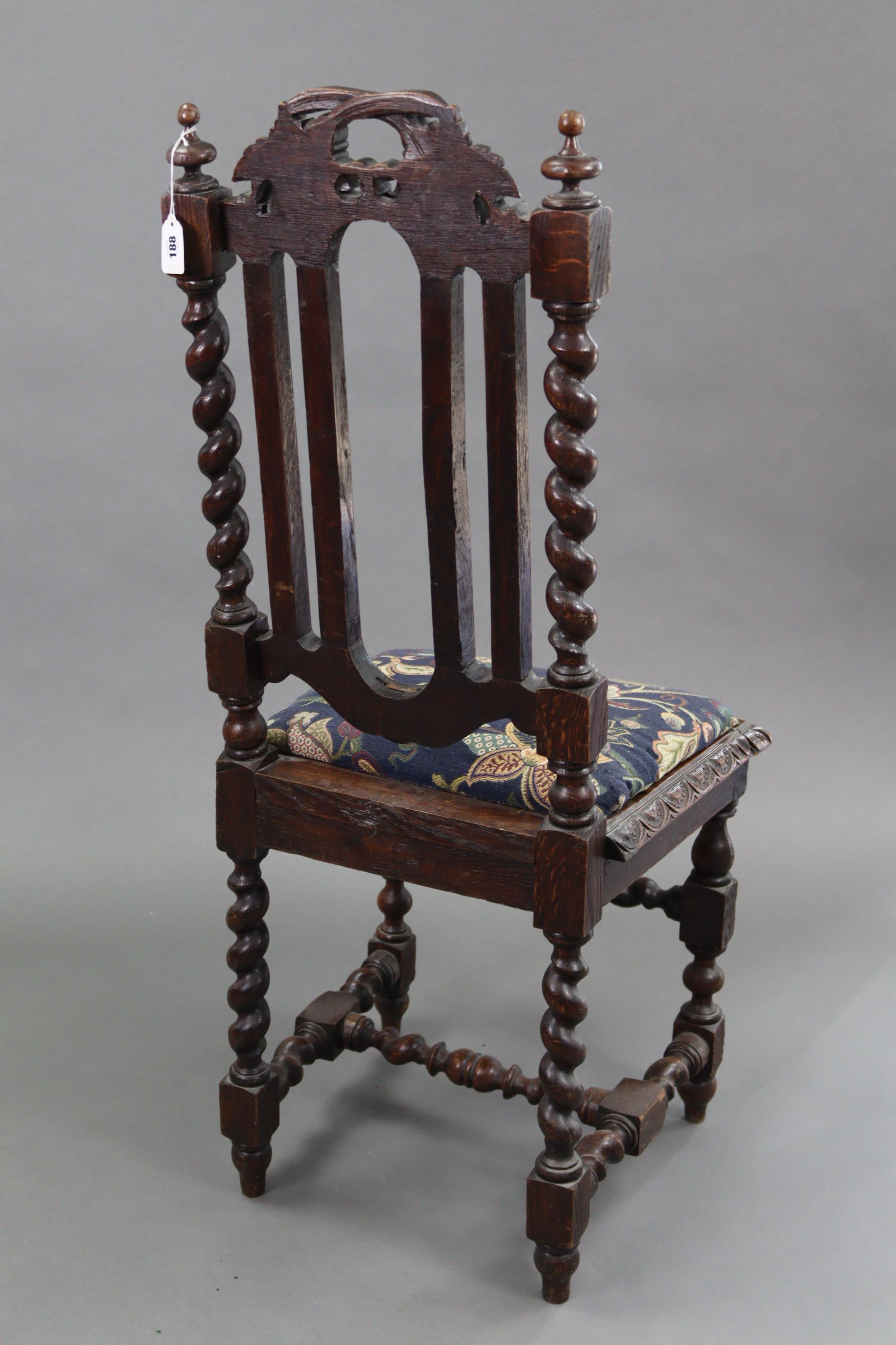 A Carolean-style carved oak hall chair with padded drop-in-seat, & on carved & turned legs with - Image 3 of 6