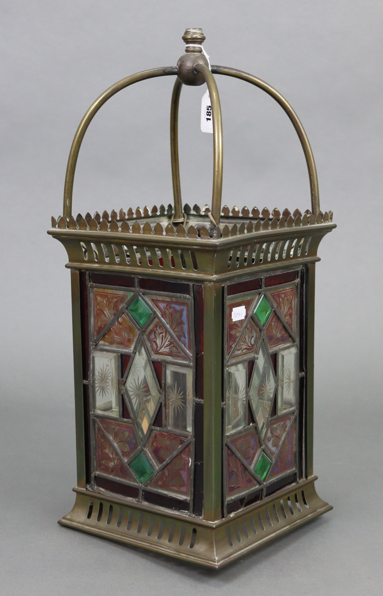 An Edwardian brass hall lantern of square form & inset four stained, bevelled, & leaded glazed - Image 2 of 3